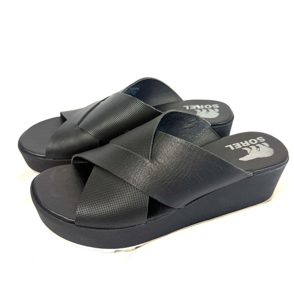 Sorel Cameron Flatform Mule Sandals Platform Leather Black Quiet Luxury Size 9